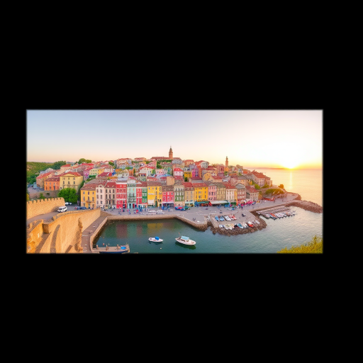 Capture a panoramic view of a colorful coastal town with distinct architecture and waterfront, set at golden hour for warm lighting, using a DSLR camera with a 24mm lens, aperture set to f/8, ISO 100, and a shutter speed of 1/250s for optimal clarity.
