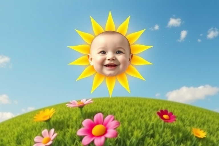 Create an image shows a bright, sun with a smiling baby's face in the center, radiating soft yellow rays. The sun is set against a clear blue sky with a few wispy clouds. Below, there's a lush green grassy hill with colorful, oversized flowers, giving the scene a whimsical, playful atmosphere.