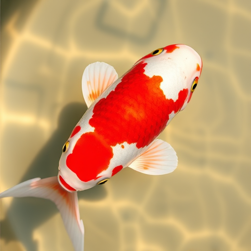 Create a high-resolution image of a koi fish with vibrant red and white patterns, using a DSLR camera with a 50mm lens, aperture set to f/2.8, ISO 100, in a top-down view with soft natural lighting.
