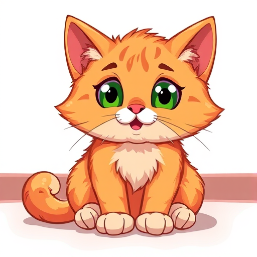 Create a cute cartoon-style illustration of a fluffy orange cat with large green eyes sitting comfortably, using a 50mm lens at f/2.8, 1/200s exposure, ISO 100, shot from a low angle to capture the cat's playful expression, in a bright and colorful digital art style.