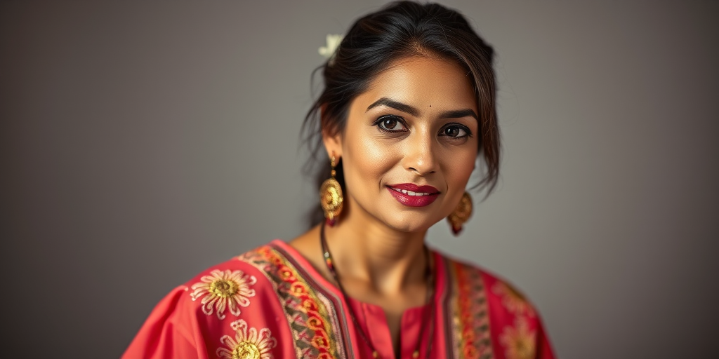 portrait of a woman wearing a coral ethnic outfit with intricate embroidery, studio lighting, shallow depth of field, 50mm lens, ISO 100, f/2.8, natural poses with soft focus background
