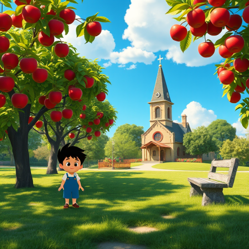 Create a vibrant animated scene featuring a whimsical character standing in a lush green park with apple trees bearing red apples, a quaint church in the background, a stone bench nearby, bright blue sky with fluffy clouds, shot with a DSLR camera at f/8, 24mm lens, and a sunny daylight setting to enhance colors and details.