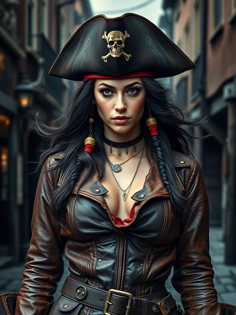 Create a portrait of a fierce female pirate. She wears a leather tricorn hat adorned with a skull and crossbones emblem, and her long, dark hair flows around her face. Her outfit consists of a richly detailed leather jacket, a corset, and multiple layers of belts and accessories, giving her a formidable and stylish appearance. She stands confidently in a dimly lit, historic port town, with a backdrop of weathered buildings and cobblestone streets, capturing the adventurous spirit of a pirate.