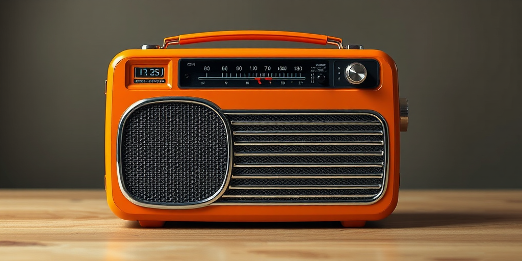 Create a high-resolution illustration of a vintage orange transistor radio with detailed textures, using a DSLR camera with a 50mm lens at f/2.8, ISO 100, and a shallow depth of field, shot from a frontal view to emphasize its retro design.