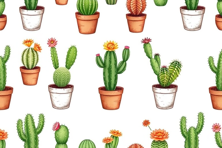 Generate a seamless pattern of hand-drawn cacti in pots with a white background, featuring various cactus species with flowers, using a Canon EOS R5 with a 50mm lens, f/4 aperture, ISO 100, and natural lighting for sharpness and vibrant colors.