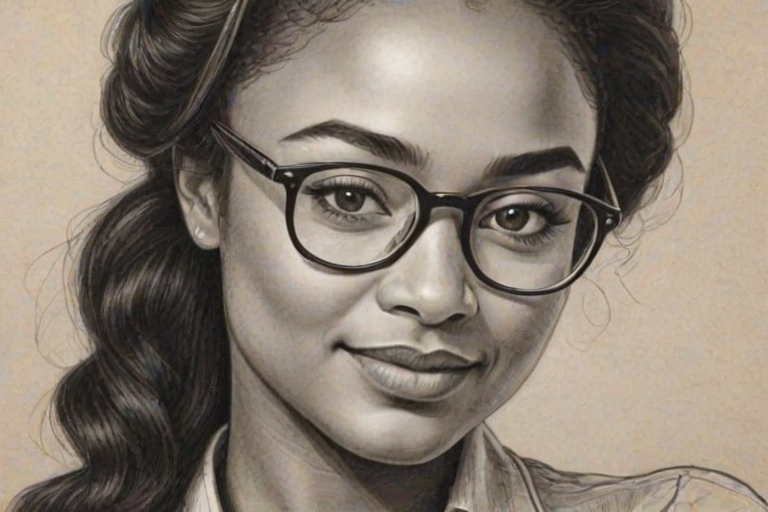Captivating Tatyana Ali, pencil sketch, portrait of Wonderful woman 1924s in glasses, hair style beatnik, outline, clear lines, fine lines, 8k