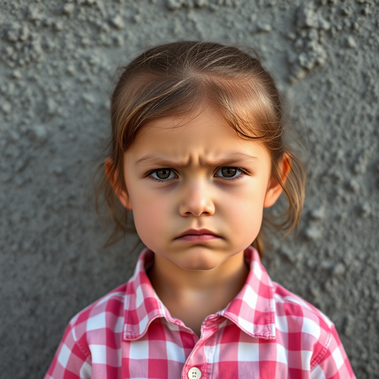 captured with a Canon EOS R5, 85mm lens, f/1.8 aperture, ISO 200, 1/200s, portrait style, natural lighting, focused on a young girl with a frown, wearing a pink checkered shirt, against a textured gray wall background