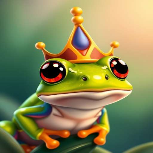 create an illustration of a cartoon green frog wearing a colorful crown on its head, captured with a DSLR camera at f/2.8, 1/160 sec, ISO 200, in a close-up view, using vibrant colors and a soft-focus background for enhanced image quality