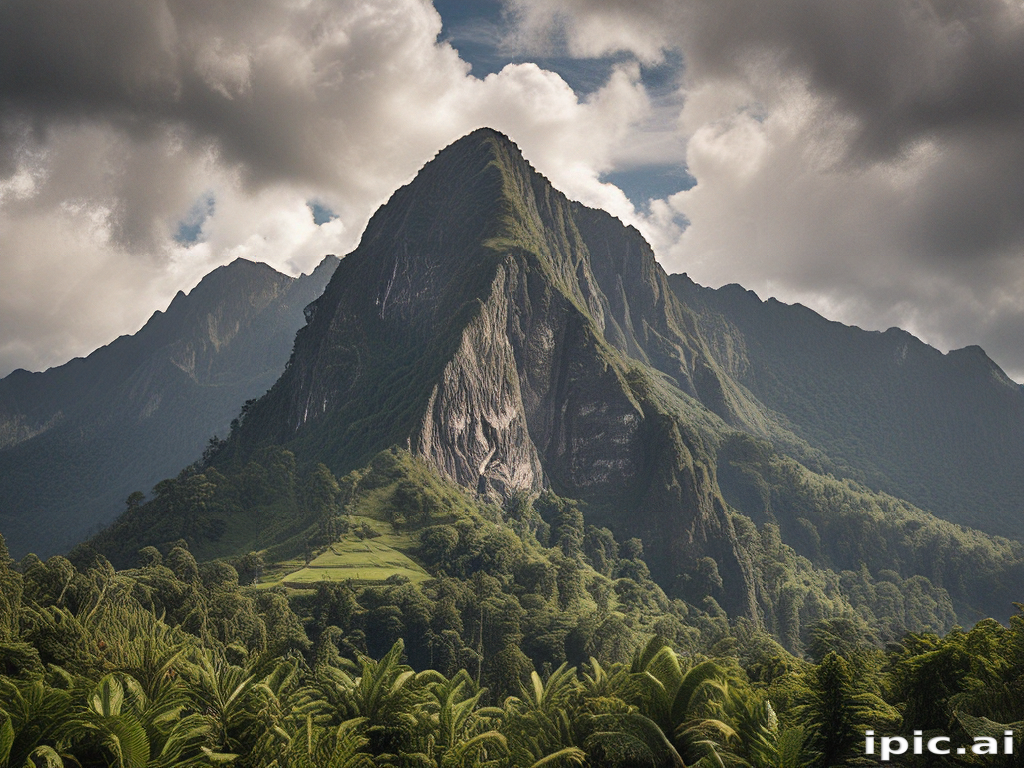 Majestic Mountain Peak Surrounded by Lush Greenery and Dramatic Clouds.