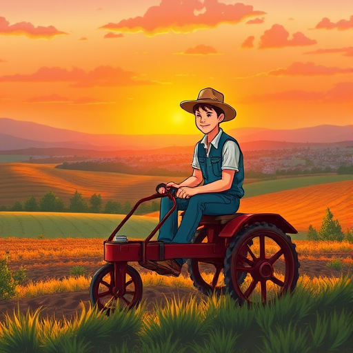 Create an illustration of a young farmer sitting on a plow in a vibrant sunset landscape, with a city in the background, using a DSLR camera at f/8 to capture details, wide-angle view, bright colors, and a cartoon style.
