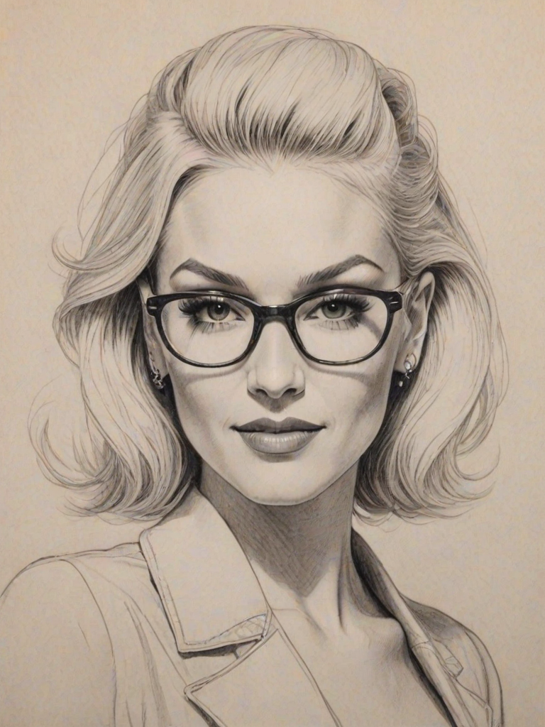 Graceful Gwen Stefani, pencil sketch, portrait of Beauteous woman 1970s in glasses, hair style beatnik, outline, clear lines, fine lines, 8k