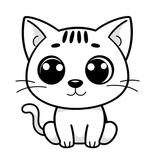 Create a simple black and white illustration of a cartoon cat with large round eyes and prominent ears the cat should have a minimalist design and a friendly expression the background should be plain white