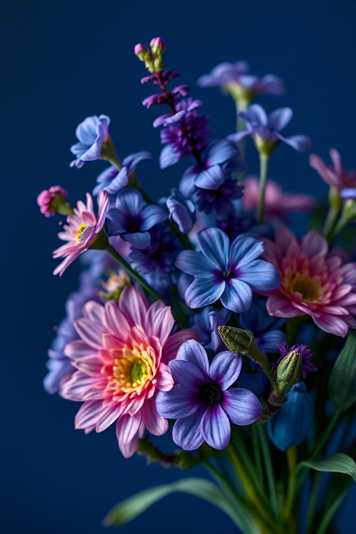 floral arrangement with blue and purple flowers against a dark blue background, soft focus, macro lens, aperture f/2.8, ISO 100, 50mm prime lens, natural light, high contrast, vibrant colors