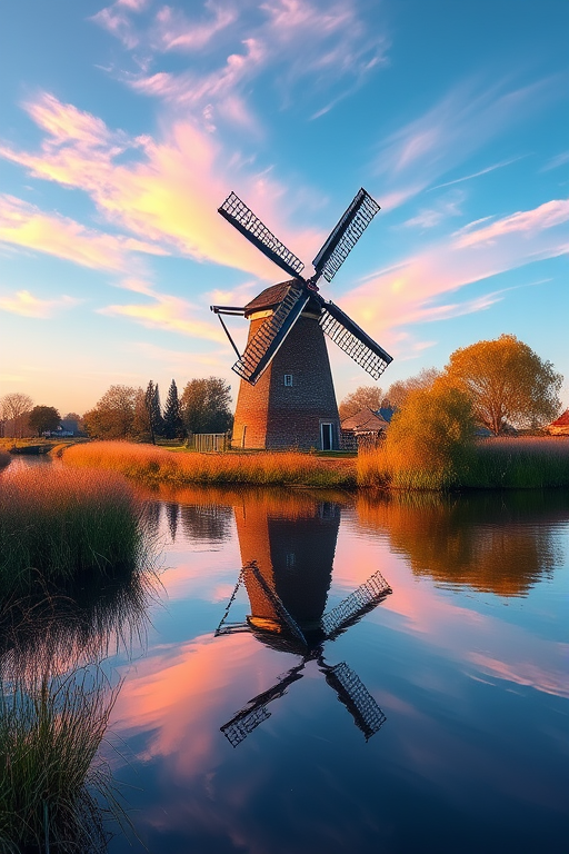 Create a serene landscape image of a windmill by a calm river, emphasizing vibrant colors, soft brush strokes, and reflections on the water, captured with a DSLR camera at f/8 aperture, ISO 100, 24mm lens, in natural daylight.