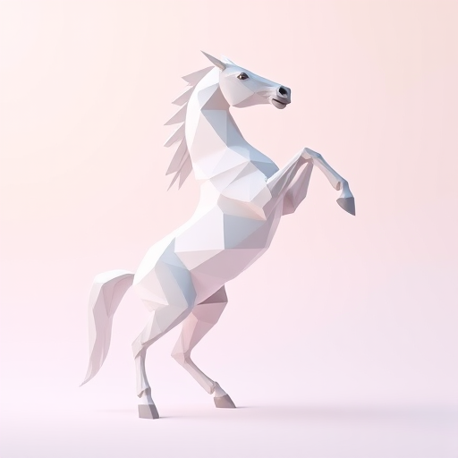 Generate a high-resolution image of a geometric, low-poly style horse rearing up on its hind legs, set against a smooth gradient background with soft pastel colors, captured with a DSLR camera at f/8, ISO 100, 1/500s, using a 50mm lens from a slightly low angle for a dynamic perspective.