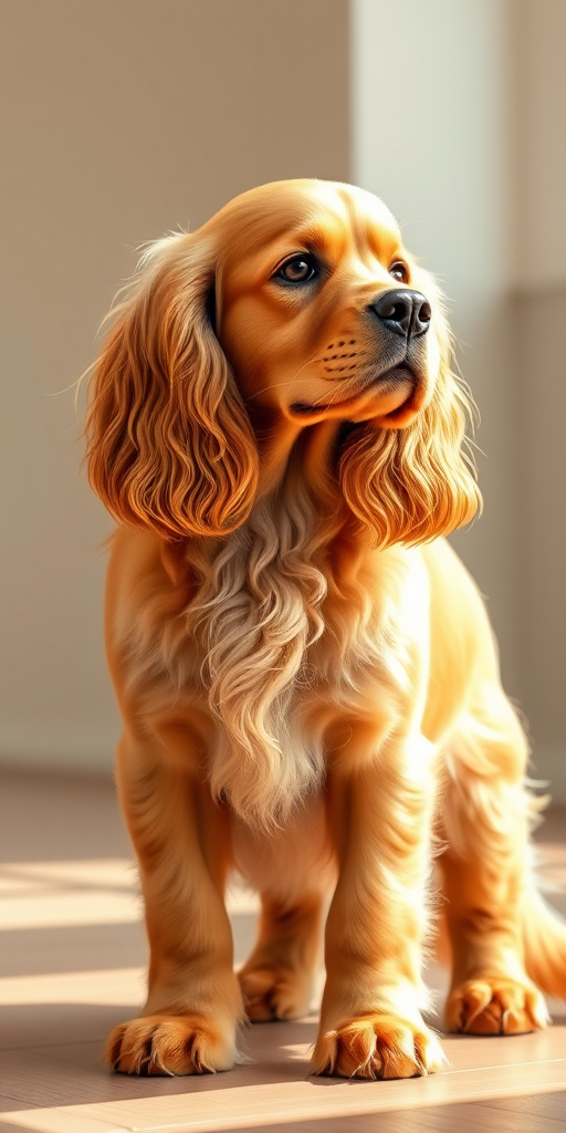 Create a highly detailed illustration of a golden Cocker Spaniel standing gracefully, soft natural lighting, focus on the texture of the fur, use a DSLR camera with a 50mm lens, aperture f/2.8, shutter speed 1/100s, ISO 200, 2D vector art style.