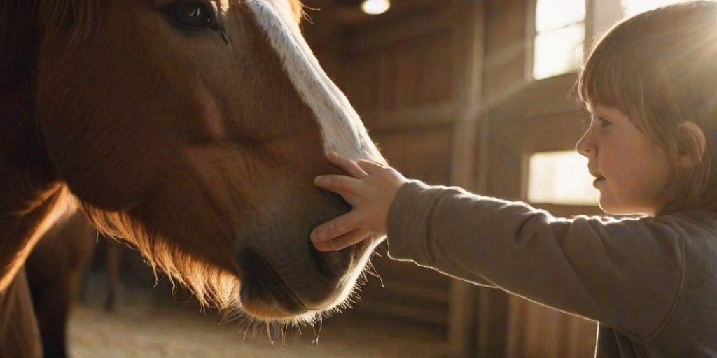 Softly focused image of a child's hand reaching out to touch the nose of a large, gentle horse, soft sunlight filtering through the barn, with dust particles floating in the warm air.