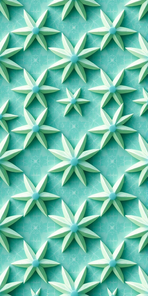 Create a high-resolution image of a repeating pattern of star shapes in a soft teal background, shot with a Canon EOS R5 at f/8, ISO 100, 1/125 sec, using a macro lens for detailed texture, in natural light for enhanced color vibrancy.