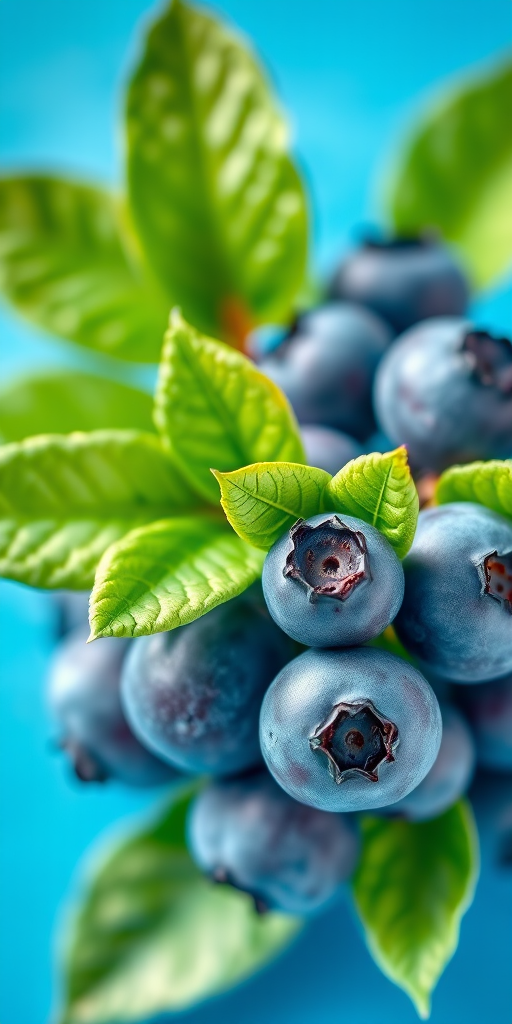 Generate a vibrant watercolor illustration of blueberries with lush green leaves on a bright blue background, using a macro lens at f/4 aperture, 1/60s shutter speed, ISO 200, with a soft focus effect for artistic enhancement.