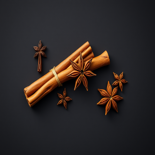 Create an illustration of cinnamon sticks and star anise on a dark background, using a Canon EOS 5D Mark IV, 50mm lens, f/2.8 aperture, 1/125 shutter speed, focused on vibrant colors and sharp details, in a flat lay style.