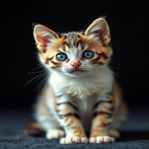 portrait of a cute kitten with blue eyes sitting on a dark background, shallow depth of field, 85mm lens, f/1.8 aperture, ISO 200, natural light, soft focus effect, photography using a DSLR camera