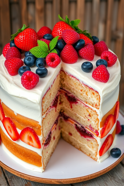 A beautiful layered cake with a smooth white frosting topped with fresh strawberries, raspberries, and blueberries, showing a slice cut out to reveal the moist interior layers filled with raspberry jam and cake, set against a rustic wooden background.