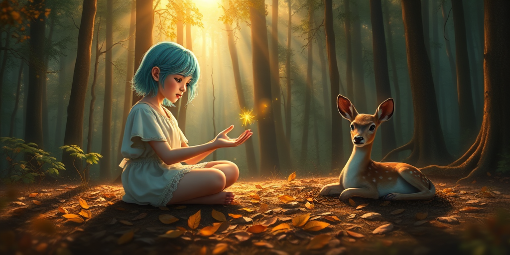 A luminous digital painting of a serene forest scene featuring a barefoot young female, about 7 years old, with cyan hair and fair skin, dressed in a simple white outfit. He sits cross-legged on the forest floor, gazing at a small, glowing, magical firefly in his hand. Beside him, a delicate spotted deer lies calmly on a bed of dried leaves, observing the scene. The dense forest is bathed in warm, golden light filtering through the trees, creating a peaceful, magical atmosphere with a blend of natural and mystical elements.