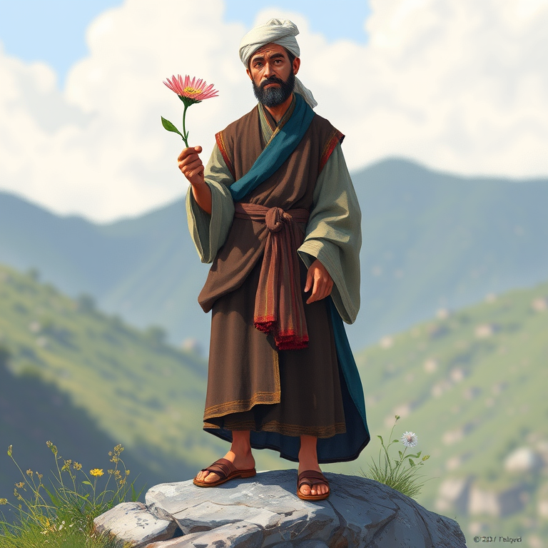 Create an illustration of a historical figure holding a flower while standing on a rock, dressed in traditional attire, using a Canon EOS R5, 50mm lens, f/1.8 aperture, 1/200s shutter speed, natural light, focus on details and textures.