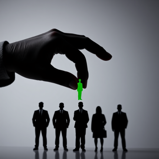 Create an image of a large black hand selecting a small green silhouette of a businessman from a line of four black silhouettes, using a DSLR camera with a 50mm lens, aperture f/2.8, ISO 100, and a shallow depth of field to enhance clarity and focus on the hand and the green silhouette.