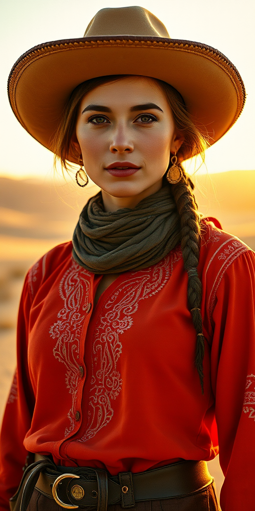Dramatic photo of a beautiful Uyghur woman, classic cowboy attire, confident and free spirit expression, half-length portrait, centered, golden hour desert landscape, warm, diffused light, low angle, medium format film camera, in style of Annie Leibovitz.