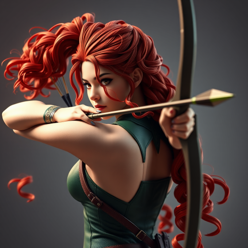 Create a highly detailed 3D rendering of a female archer character with intricate curly red hair and a sleek green outfit, shooting an arrow, captured from a three-quarter rear view, using a Canon EOS R5 with a 50mm f/1.2 lens, aperture set to f/2.8, ISO 100, Shutter speed 1/200s, in a well-lit studio environment to enhance shadows and highlights.