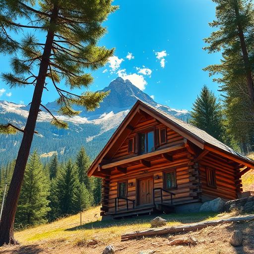 create a high-resolution illustration of a wooden cabin in a mountainous landscape with pine trees, viewed from a low angle, using a DSLR camera at f/8 aperture, ISO 100, 24mm focal length, capturing vibrant colors and sharp details in a bright, sunny setting