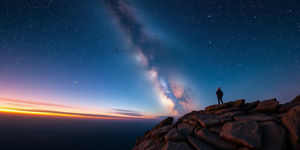 Create a panoramic view of a lone figure standing on a rocky cliff at twilight, gazing at a vivid cosmic sky filled with galaxies and stars, using a DSLR camera with a 24mm lens, aperture at f/8, ISO 100, and a long exposure of 15 seconds to capture rich colors and details in the light.