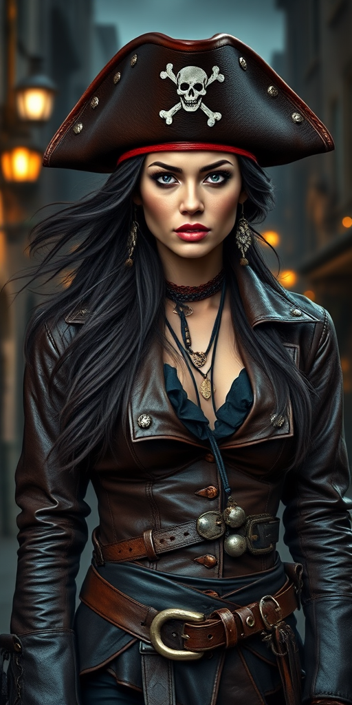 Create a portrait of a fierce female pirate. She wears a leather tricorn hat adorned with a skull and crossbones emblem, and her long, dark hair flows around her face. Her outfit consists of a richly detailed leather jacket, a corset, and multiple layers of belts and accessories, giving her a formidable and stylish appearance. She stands confidently in a dimly lit, historic port town, with a backdrop of weathered buildings and cobblestone streets, capturing the adventurous spirit of a pirate.