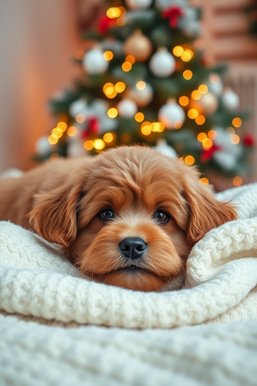 Generate an image of a fluffy brown dog relaxing on a cozy white blanket. The background features a beautifully decorated Christmas tree with soft, glowing lights. The setting should feel warm and festive, capturing a peaceful holiday atmosphere.