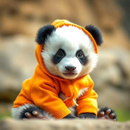 A cute panda cub wearing an orange hoodie, sitting in a relaxed pose, soft natural lighting, 50mm lens, f/2.8 aperture, 1/125 sec, ISO 200, shallow depth of field, captured with a DSLR camera.