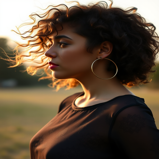 a profile of a person with curly hair blowing in the wind, wearing a sheer black top with delicate patterns and a large hoop earring, captured in soft, warm lighting outdoors