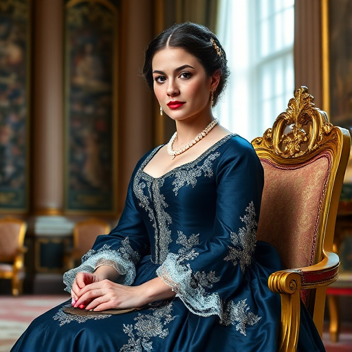 A regal 18th-century noblewoman in a luxurious dark blue gown adorned with silver embroidery, seated on a golden chair. Her hair is elegantly styled, adorned with pearls, and she holds a delicate fan with lace trim. The background shows a grand room with elaborate tapestries and a large window with curtains, through which gentle sunlight streams, illuminating her composed and serene expression."