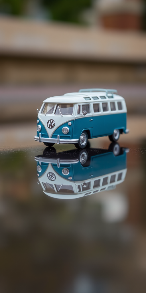 Volkswagen bus toy parked on a wet surface with reflection, soft natural lighting, portrait orientation, 50mm lens, aperture f/2.8, ISO 100, shutter speed 1/200s, DSLR camera.