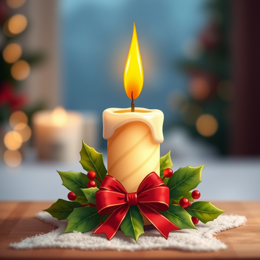 Create an illustration of a decorative Christmas candle with a vibrant yellow flame, a cream-colored striped body, surrounded by holly leaves and a red bow, in a bright and cheerful style, captured with a Canon EOS R5, 50mm lens, f/2.8 aperture, ISO 100, with a shallow depth of field to enhance the foreground details against a softly blurred background.