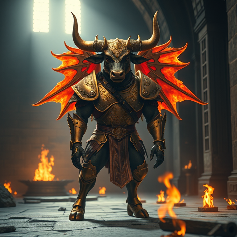 A powerful humanoid bull creature adorned in ornate golden armor with fiery wings, standing in an ancient stone hall illuminated by flickering flames, 85mm f/1.8 lens, ISO 100, aperture f/2.8, low-angle shot, cinematic lighting, DSLR camera.