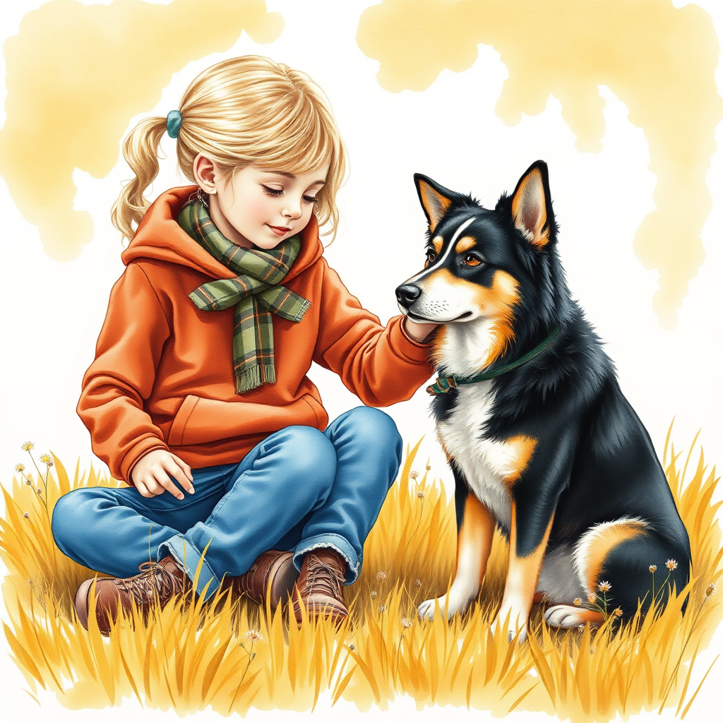A detailed watercolor and acrylic illustration showing a heartwarming scene between a young blonde girl in pigtails and a Bearnaise Mountain dog. The girl, dressed in a rust hoodie, jeans, and a plaid scarf, gently rests her hand on the dog’s head. The dog, with black, copper, and white fur, sits beside her, tilting its head in affection. They sit on golden grass with wildflowers, against a sunny fall background. The artwork focuses on realistic textures and the tender bond between them.