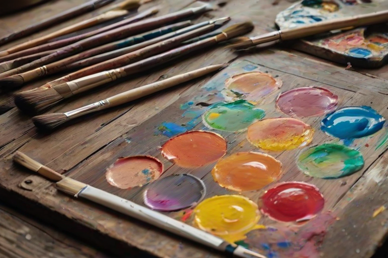 Close-up of an artist’s palette covered in vibrant paint, soft light illuminating the colors and brushes scattered around on a rustic wooden table.