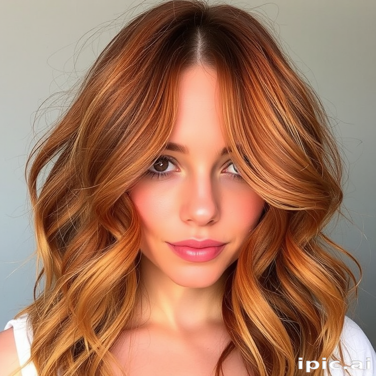 Radiant copper waves cascade down, framing a delicate face with "Sunset Serenade" style, featuring subtle ombre highlights and beachy texture for a carefree yet elegant look