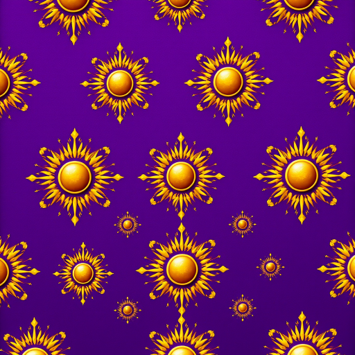 intricate repeating pattern of golden sun motifs on a rich purple background, high-resolution, 50mm lens, f/8 aperture, ISO 100, soft lighting, digital camera, top-down view