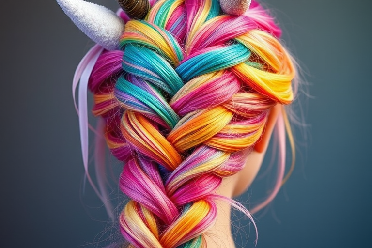 Whimsical rainbow unicorn braid incorporating every color of the spectrum, creating a magical and fantastical look, titled "Prismatic Dream"