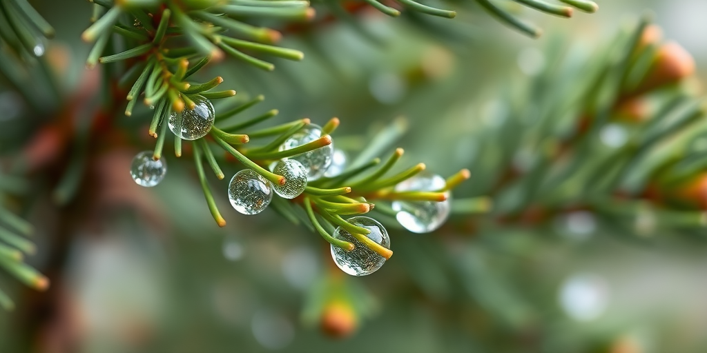 A close-up view of pine tree branches with fresh green needles and water droplets, taken with a macro lens at f/2.8, ISO 100, 1/100 sec exposure, using a DSLR camera, with soft natural lighting to enhance detail and texture.