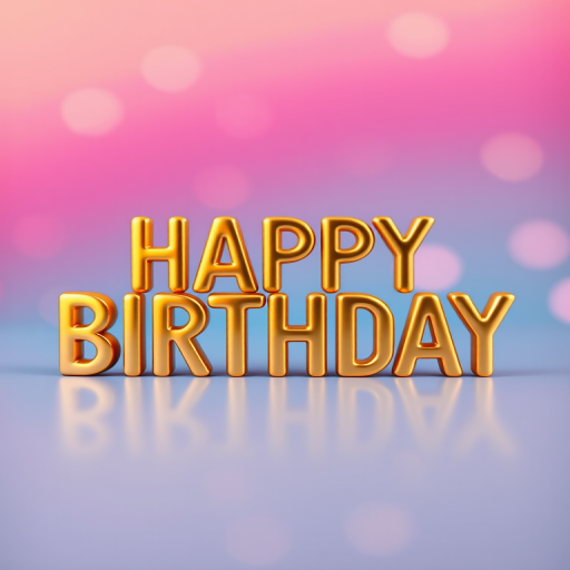 Regenerate an image of "HAPPY BIRTHDAY" in golden 3D letters with a colorful gradient background, using a Canon EOS R camera with a 50mm lens, aperture set to f/1.8 for a shallow depth of field, ISO 100, and a soft focus style to enhance the warmth and celebratory feel.