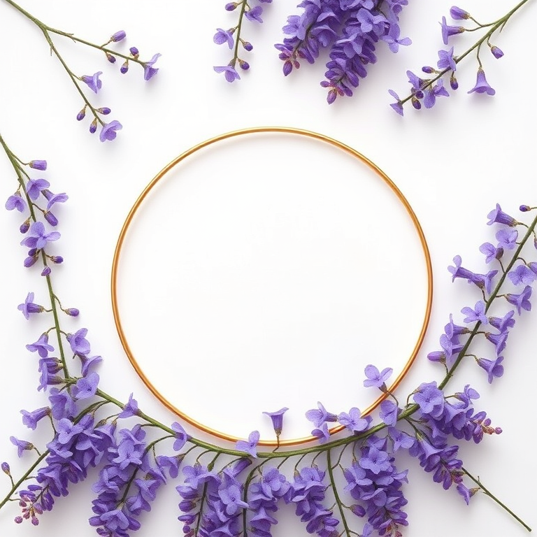 Create a minimalist floral design featuring purple wisteria flowers arranged around a circular gold frame, shot with a DSLR camera, aperture f/2.8, shutter speed 1/125s, ISO 100, top-down view, natural light for enhanced image quality.