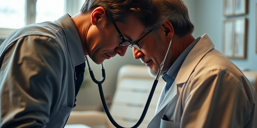 create a high-resolution image of a vintage doctor examining a patient with a stethoscope, in a well-lit room, using a Canon EOS 5D Mark IV camera, aperture f/2.8, ISO 100, 50mm lens, soft focus style